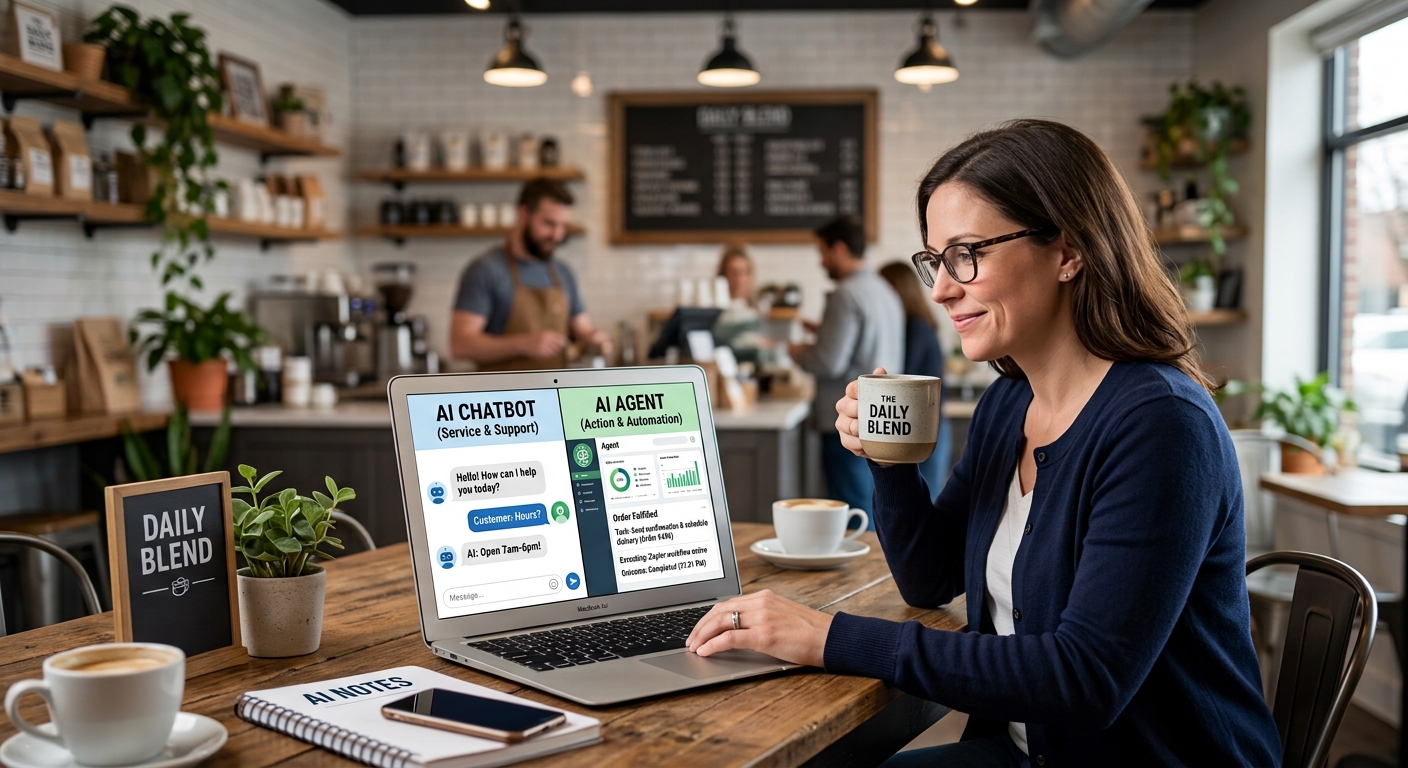 A side-by-side comparison of an AI chatbot answering a customer question and an AI agent preparing the next step.